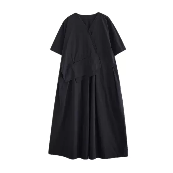 Pleated Solid Color Split-Joint Loose Short Sleeves V-Neck Midi Dresses Pleated Solid Color Split-Joint Loose Short Sleeves V-Neck Midi Dresses