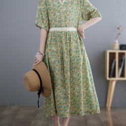Hollow Pleated Printed Split-Joint Loose Short Sleeves Round-Neck Midi Dresses