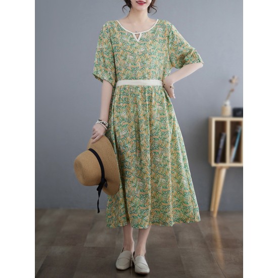 Hollow Pleated Printed Split-Joint Loose Short Sleeves Round-Neck Midi Dresses Hollow Pleated Printed Split-Joint Loose Short Sleeves Round-Neck Midi Dresses