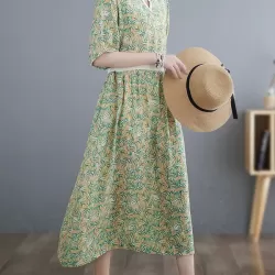 Hollow Pleated Printed Split-Joint Loose Short Sleeves Round-Neck Midi Dresses