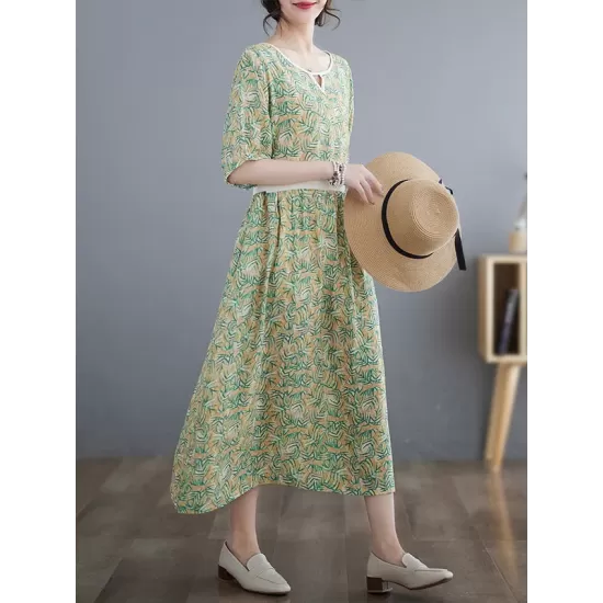 Hollow Pleated Printed Split-Joint Loose Short Sleeves Round-Neck Midi Dresses Hollow Pleated Printed Split-Joint Loose Short Sleeves Round-Neck Midi Dresses