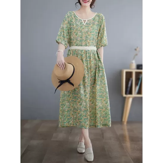 Hollow Pleated Printed Split-Joint Loose Short Sleeves Round-Neck Midi Dresses Hollow Pleated Printed Split-Joint Loose Short Sleeves Round-Neck Midi Dresses