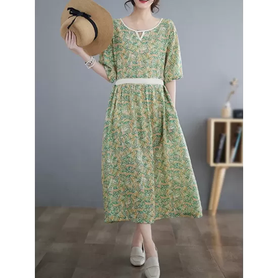 Hollow Pleated Printed Split-Joint Loose Short Sleeves Round-Neck Midi Dresses Hollow Pleated Printed Split-Joint Loose Short Sleeves Round-Neck Midi Dresses