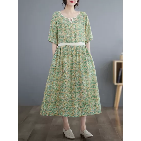 Hollow Pleated Printed Split-Joint Loose Short Sleeves Round-Neck Midi Dresses Hollow Pleated Printed Split-Joint Loose Short Sleeves Round-Neck Midi Dresses