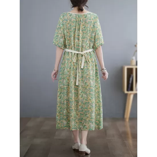 Hollow Pleated Printed Split-Joint Loose Short Sleeves Round-Neck Midi Dresses Hollow Pleated Printed Split-Joint Loose Short Sleeves Round-Neck Midi Dresses