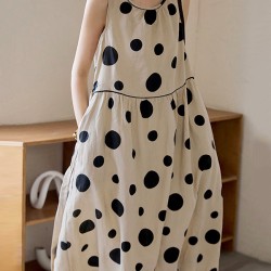 Contrast Color Pleated Polka-Dot Split-Joint Tied Waist Loose Sleeveless Round-Neck Midi Dresses