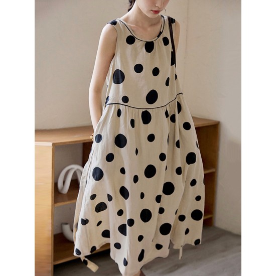 Contrast Color Pleated Polka-Dot Split-Joint Tied Waist Loose Sleeveless Round-Neck Midi Dresses Contrast Color Pleated Polka-Dot Split-Joint Tied Waist Loose Sleeveless Round-Neck Midi Dresses