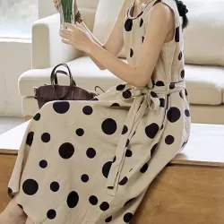 Contrast Color Pleated Polka-Dot Split-Joint Tied Waist Loose Sleeveless Round-Neck Midi Dresses