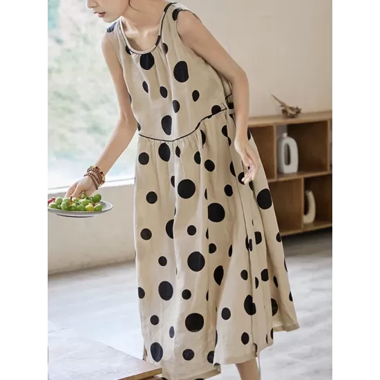 Contrast Color Pleated Polka-Dot Split-Joint Tied Waist Loose Sleeveless Round-Neck Midi Dresses Contrast Color Pleated Polka-Dot Split-Joint Tied Waist Loose Sleeveless Round-Neck Midi Dresses