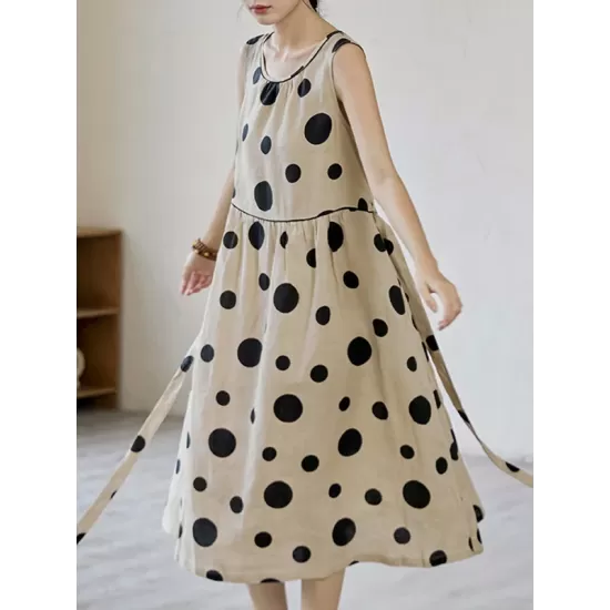 Contrast Color Pleated Polka-Dot Split-Joint Tied Waist Loose Sleeveless Round-Neck Midi Dresses Contrast Color Pleated Polka-Dot Split-Joint Tied Waist Loose Sleeveless Round-Neck Midi Dresses