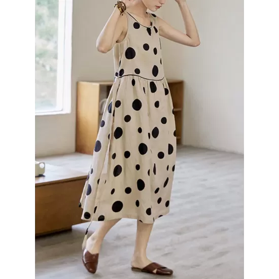 Contrast Color Pleated Polka-Dot Split-Joint Tied Waist Loose Sleeveless Round-Neck Midi Dresses Contrast Color Pleated Polka-Dot Split-Joint Tied Waist Loose Sleeveless Round-Neck Midi Dresses