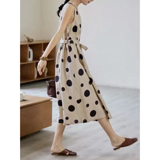 Contrast Color Pleated Polka-Dot Split-Joint Tied Waist Loose Sleeveless Round-Neck Midi Dresses Contrast Color Pleated Polka-Dot Split-Joint Tied Waist Loose Sleeveless Round-Neck Midi Dresses