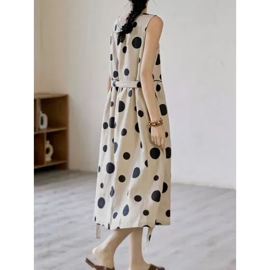Contrast Color Pleated Polka-Dot Split-Joint Tied Waist Loose Sleeveless Round-Neck Midi Dresses Contrast Color Pleated Polka-Dot Split-Joint Tied Waist Loose Sleeveless Round-Neck Midi Dresses