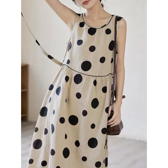 Contrast Color Pleated Polka-Dot Split-Joint Tied Waist Loose Sleeveless Round-Neck Midi Dresses Contrast Color Pleated Polka-Dot Split-Joint Tied Waist Loose Sleeveless Round-Neck Midi Dresses