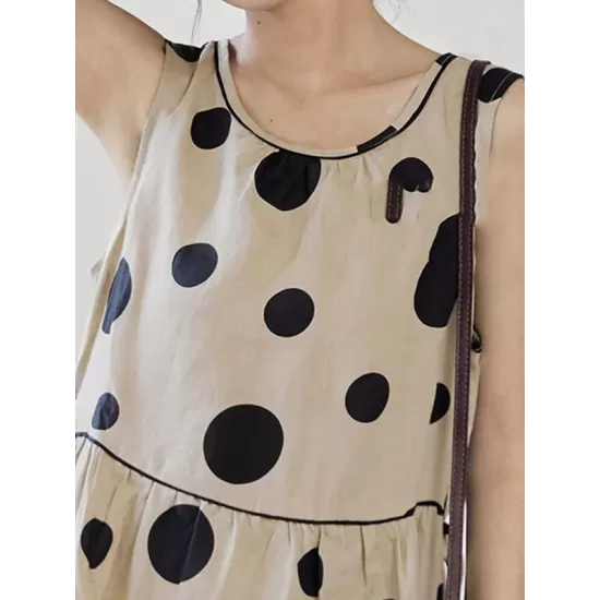 Contrast Color Pleated Polka-Dot Split-Joint Tied Waist Loose Sleeveless Round-Neck Midi Dresses Contrast Color Pleated Polka-Dot Split-Joint Tied Waist Loose Sleeveless Round-Neck Midi Dresses