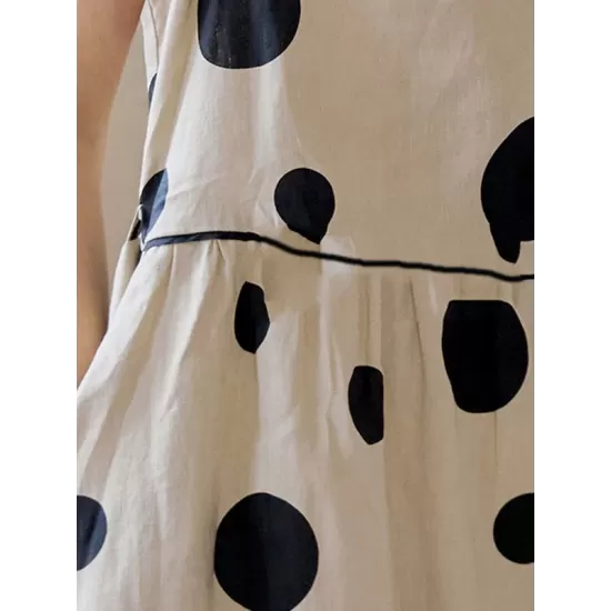 Contrast Color Pleated Polka-Dot Split-Joint Tied Waist Loose Sleeveless Round-Neck Midi Dresses Contrast Color Pleated Polka-Dot Split-Joint Tied Waist Loose Sleeveless Round-Neck Midi Dresses