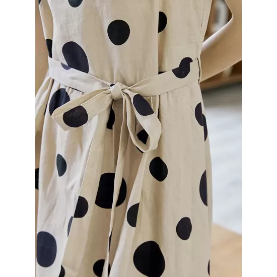 Contrast Color Pleated Polka-Dot Split-Joint Tied Waist Loose Sleeveless Round-Neck Midi Dresses Contrast Color Pleated Polka-Dot Split-Joint Tied Waist Loose Sleeveless Round-Neck Midi Dresses