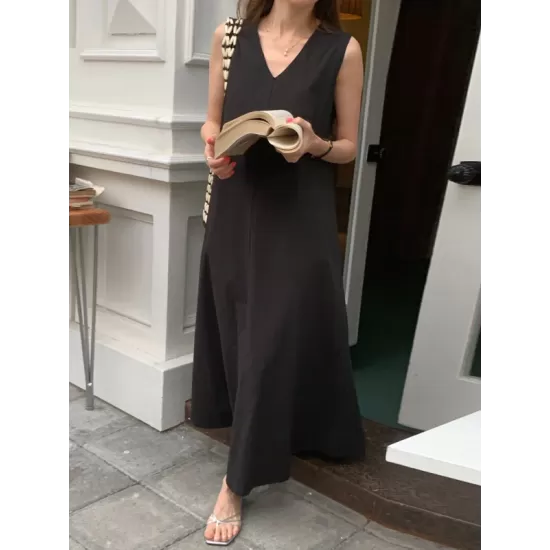 Solid Color Loose Sleeveless Round-neck Midi Dresses Solid Color Loose Sleeveless Round-neck Midi Dresses