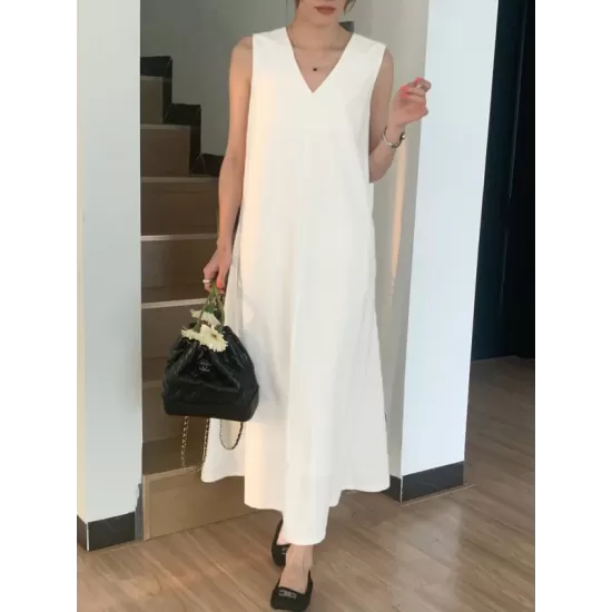 Solid Color Loose Sleeveless Round-neck Midi Dresses Solid Color Loose Sleeveless Round-neck Midi Dresses