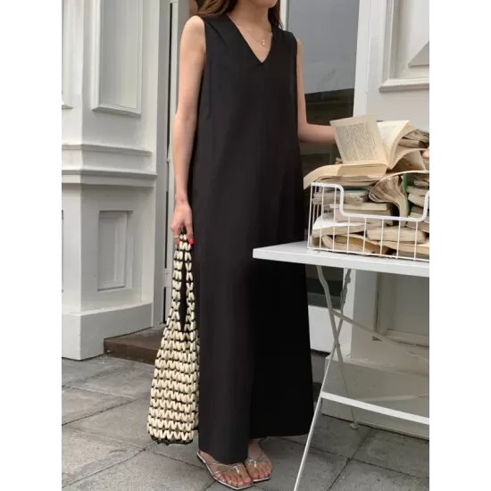 Solid Color Loose Sleeveless Round-neck Midi Dresses Solid Color Loose Sleeveless Round-neck Midi Dresses