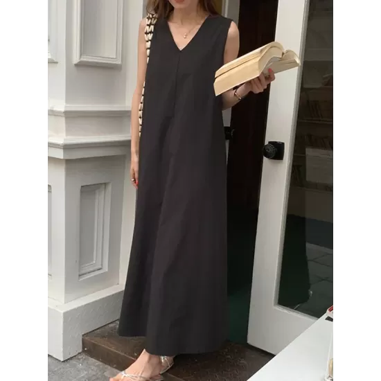 Solid Color Loose Sleeveless Round-neck Midi Dresses Solid Color Loose Sleeveless Round-neck Midi Dresses