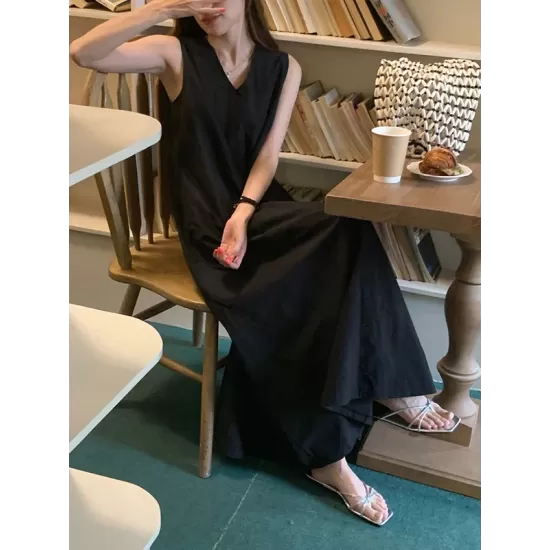 Solid Color Loose Sleeveless Round-neck Midi Dresses Solid Color Loose Sleeveless Round-neck Midi Dresses