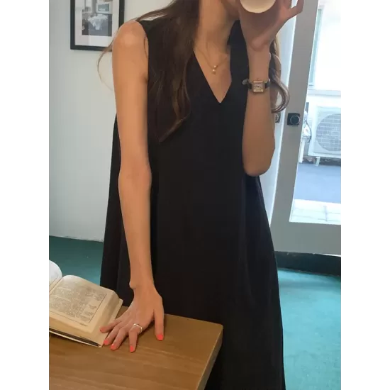 Solid Color Loose Sleeveless Round-neck Midi Dresses Solid Color Loose Sleeveless Round-neck Midi Dresses