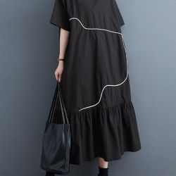 Pleated Split-Joint Loose Short Sleeves Round-Neck Midi Dresses