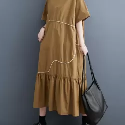 Pleated Split-Joint Loose Short Sleeves Round-Neck Midi Dresses