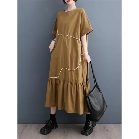 Pleated Split-Joint Loose Short Sleeves Round-Neck Midi Dresses Pleated Split-Joint Loose Short Sleeves Round-Neck Midi Dresses