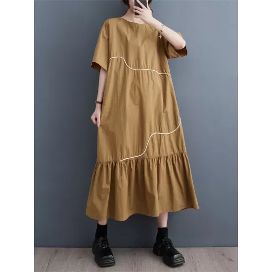 Pleated Split-Joint Loose Short Sleeves Round-Neck Midi Dresses Pleated Split-Joint Loose Short Sleeves Round-Neck Midi Dresses