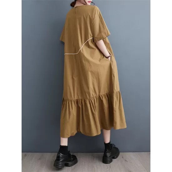 Pleated Split-Joint Loose Short Sleeves Round-Neck Midi Dresses Pleated Split-Joint Loose Short Sleeves Round-Neck Midi Dresses