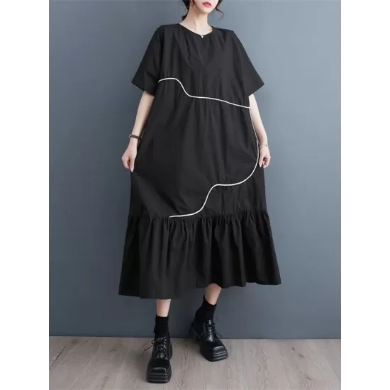Pleated Split-Joint Loose Short Sleeves Round-Neck Midi Dresses Pleated Split-Joint Loose Short Sleeves Round-Neck Midi Dresses