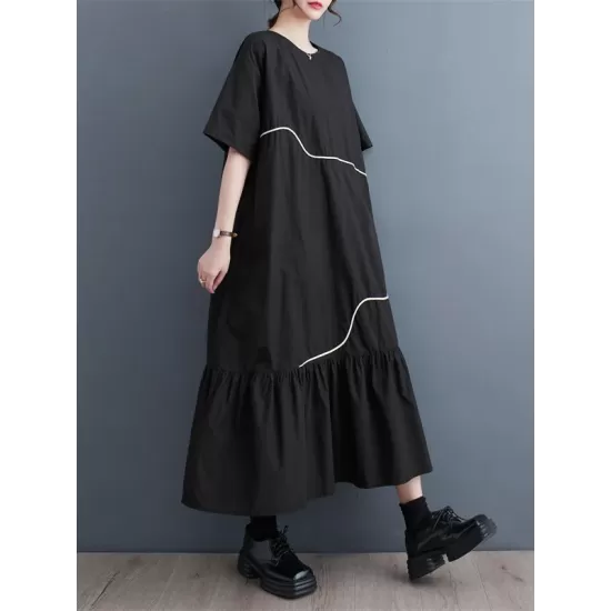 Pleated Split-Joint Loose Short Sleeves Round-Neck Midi Dresses Pleated Split-Joint Loose Short Sleeves Round-Neck Midi Dresses