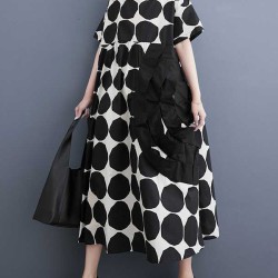 Polka-Dot Split-Joint Loose Short Sleeves Round-Neck Midi Dresses