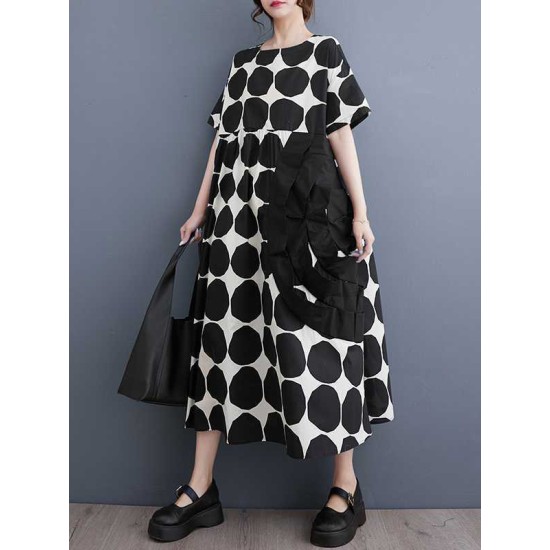 Polka-Dot Split-Joint Loose Short Sleeves Round-Neck Midi Dresses Polka-Dot Split-Joint Loose Short Sleeves Round-Neck Midi Dresses