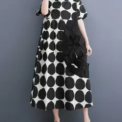 Polka-Dot Split-Joint Loose Short Sleeves Round-Neck Midi Dresses