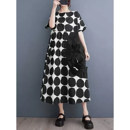 Polka-Dot Split-Joint Loose Short Sleeves Round-Neck Midi Dresses Polka-Dot Split-Joint Loose Short Sleeves Round-Neck Midi Dresses