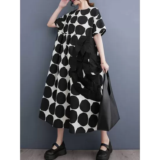 Polka-Dot Split-Joint Loose Short Sleeves Round-Neck Midi Dresses Polka-Dot Split-Joint Loose Short Sleeves Round-Neck Midi Dresses