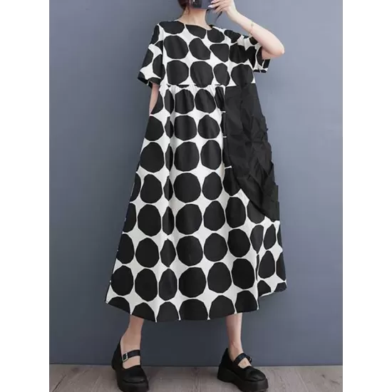 Polka-Dot Split-Joint Loose Short Sleeves Round-Neck Midi Dresses Polka-Dot Split-Joint Loose Short Sleeves Round-Neck Midi Dresses