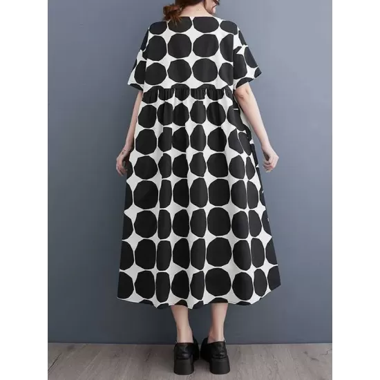 Polka-Dot Split-Joint Loose Short Sleeves Round-Neck Midi Dresses Polka-Dot Split-Joint Loose Short Sleeves Round-Neck Midi Dresses