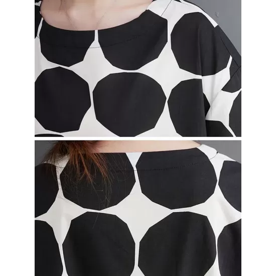 Polka-Dot Split-Joint Loose Short Sleeves Round-Neck Midi Dresses Polka-Dot Split-Joint Loose Short Sleeves Round-Neck Midi Dresses