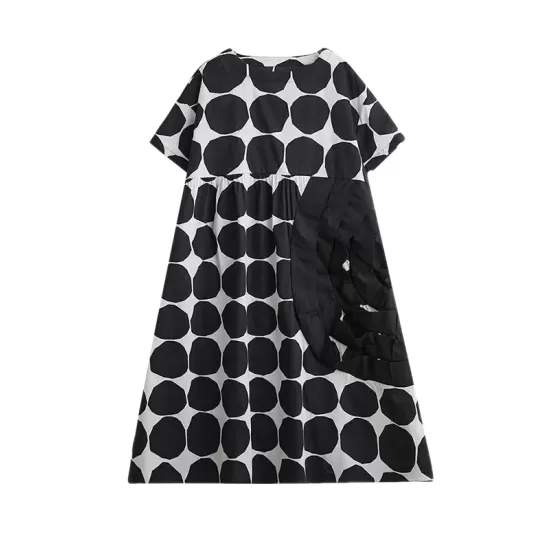 Polka-Dot Split-Joint Loose Short Sleeves Round-Neck Midi Dresses Polka-Dot Split-Joint Loose Short Sleeves Round-Neck Midi Dresses