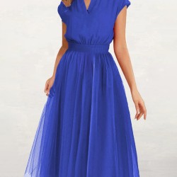 Solid Color Loose Short Sleeves V-Neck Midi Dresses