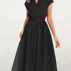 Solid Color Loose Short Sleeves V-Neck Midi Dresses