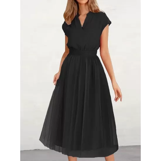 Solid Color Loose Short Sleeves V-Neck Midi Dresses Solid Color Loose Short Sleeves V-Neck Midi Dresses