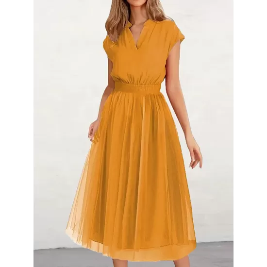 Solid Color Loose Short Sleeves V-Neck Midi Dresses Solid Color Loose Short Sleeves V-Neck Midi Dresses