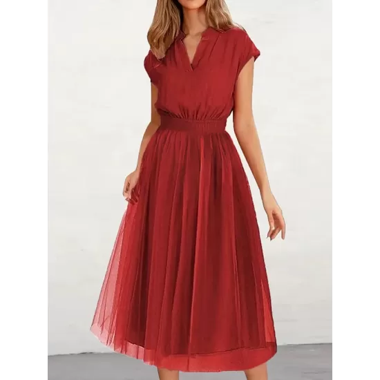 Solid Color Loose Short Sleeves V-Neck Midi Dresses Solid Color Loose Short Sleeves V-Neck Midi Dresses