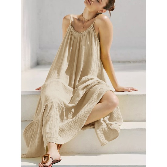 A-Line Loose Pleated Solid Color Split-Joint Round-Neck Midi Dresses Slip Dress A-Line Loose Pleated Solid Color Split-Joint Round-Neck Midi Dresses Slip Dress