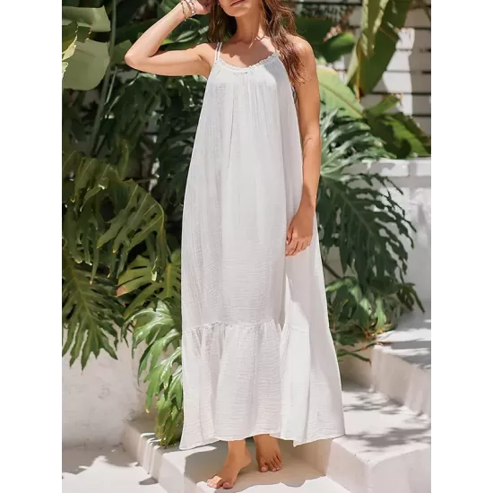 A-Line Loose Pleated Solid Color Split-Joint Round-Neck Midi Dresses Slip Dress A-Line Loose Pleated Solid Color Split-Joint Round-Neck Midi Dresses Slip Dress